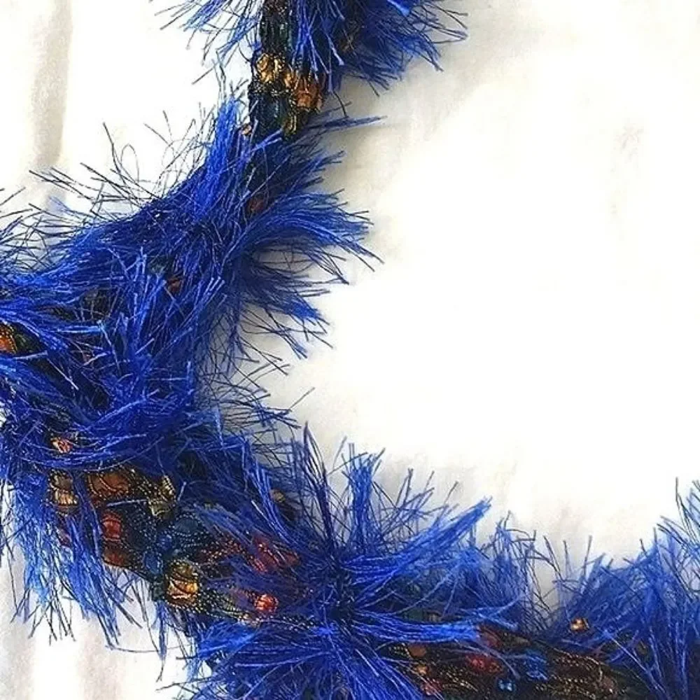 Hand-Knit Cobalt Blue Fringe Bead Embellished Tassel Skinny Scarf